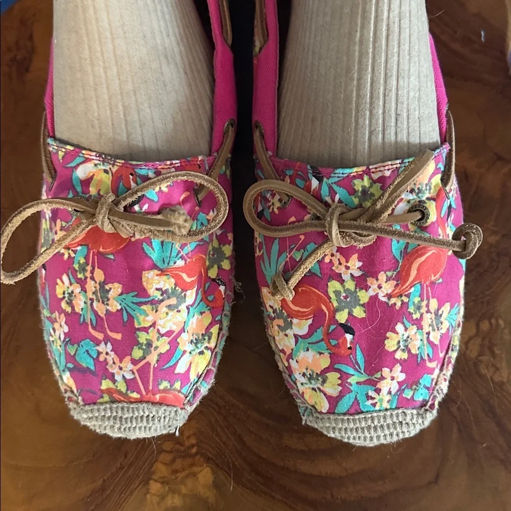 Women’s Sperry Top-Sider Canvas Espadrille Pink Floral & Flamingo Print Size 9.5